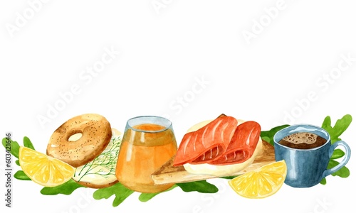 Frame, border from toast with fish and bagel with cream cheese and herbs. Surrounded lemon and herbs, cup of coffee and juice. Hand drawn watercolor illustration on white background.