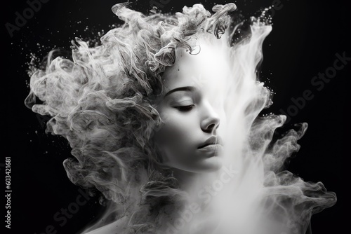 Portrait of a beautiful young woman with white smoke on her face. Generated AI