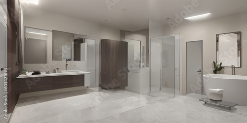 Modern bathroom white with freestanding tub, natural light, white marble. Designer bathroom