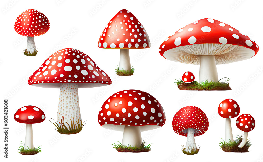 set of fly agaric mushrooms in the grass, isolated. Generative AI