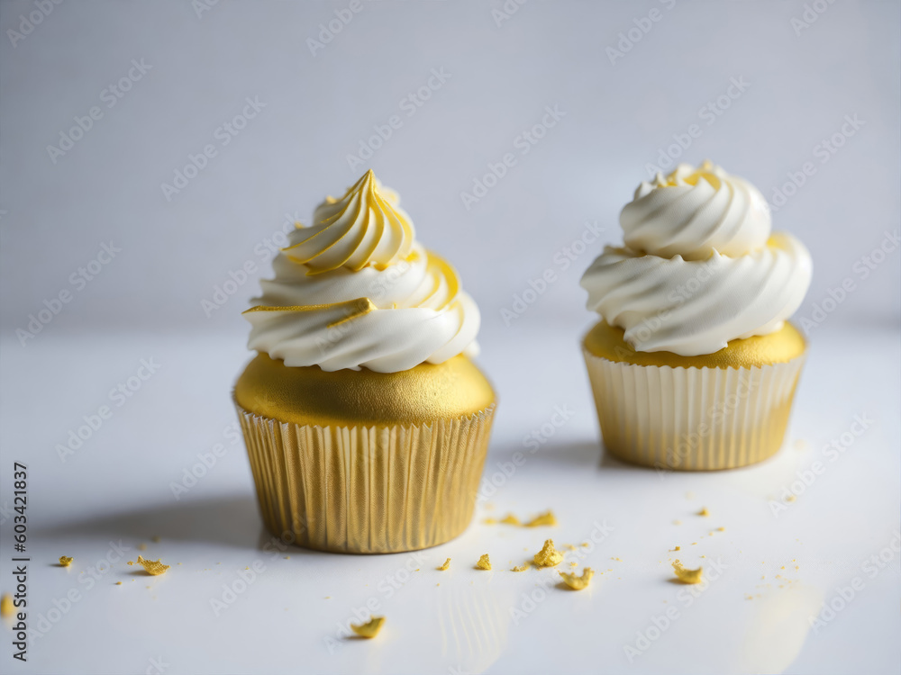 Golden Cupcakes with Luscious Creams and Frostings - Generative AI Golden Cupcakes with Luscious Creams and Frostings - Generative AI