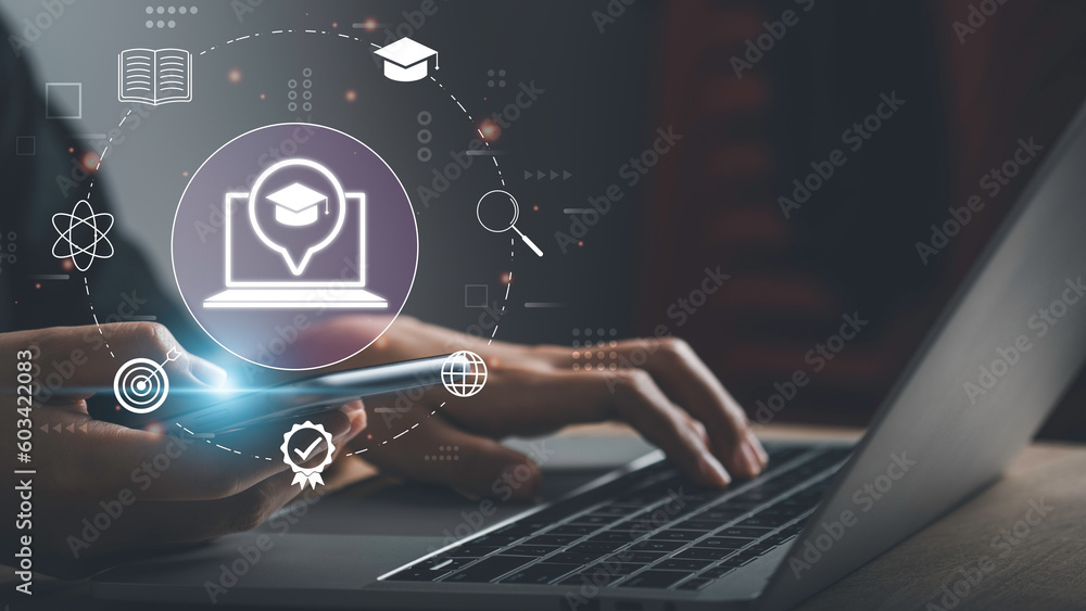 Fototapeta premium Course education online or E-learning concept. Graduate certificate coaching program Study or teaching by video, Virtual Show graduation hat icon, Digital courses develop skills thinking idea.