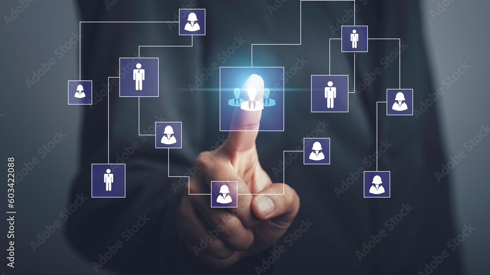 Business hierarchy company structure concept. Business process plan and workflow automation flowchart. Virtual screen Mindmap or Organigram. Relations of order or subordination between member. Business hierarchy company structure concept. Business process plan and workflow automation flowchart. Virtual screen Mindmap or Organigram. Relations of order or subordination between member.