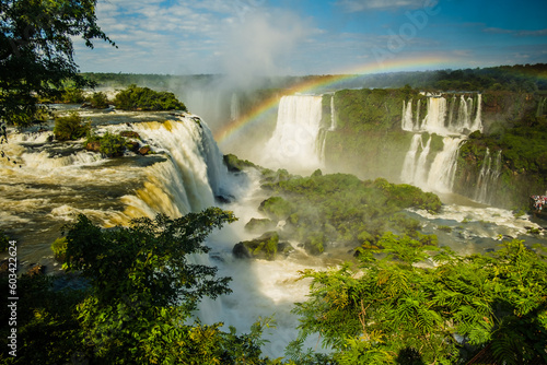 Giant Waterfalls with Beautiful Skyline  Panorama view of Iguacu Falls Tropical Destination  Misty Leisure Scene