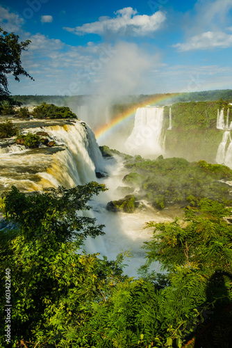 Giant Waterfalls with Beautiful Skyline  Panorama view of Iguacu Falls Tropical Destination  Misty Leisure Scene