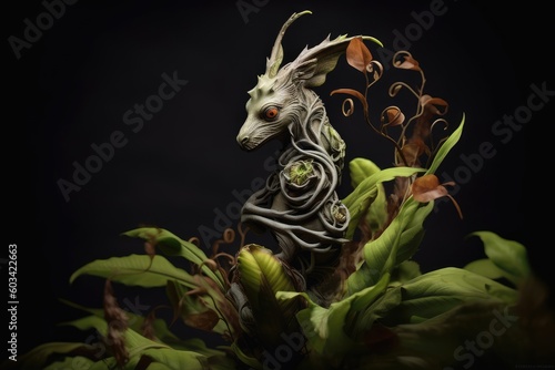 Fantasy alien with green leaves on a black background. Generated AI