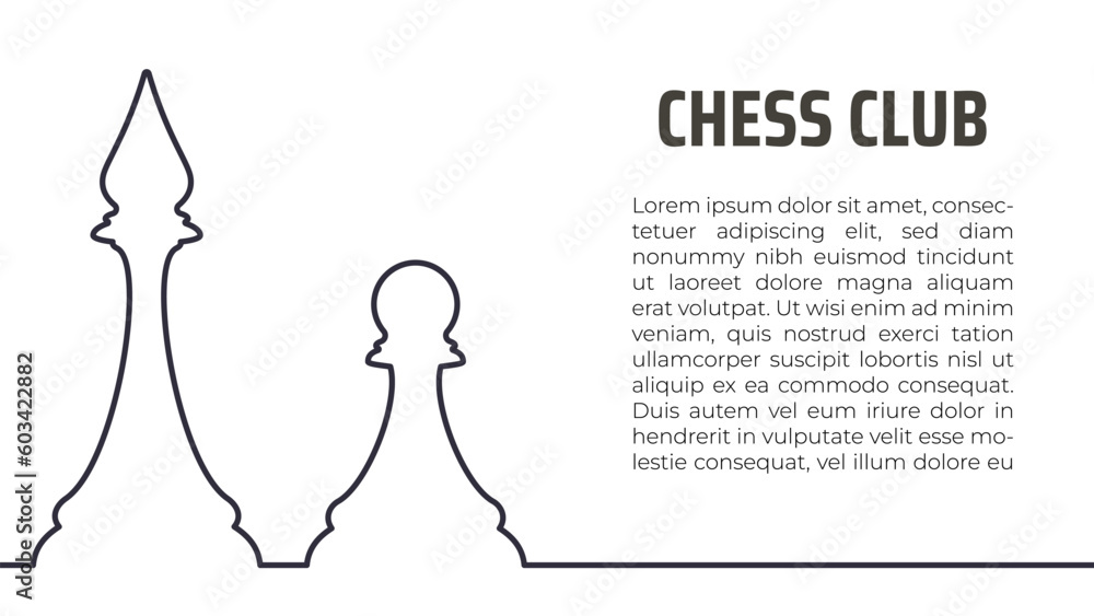 chess club vector background with one line drawn chess pieces and copy space