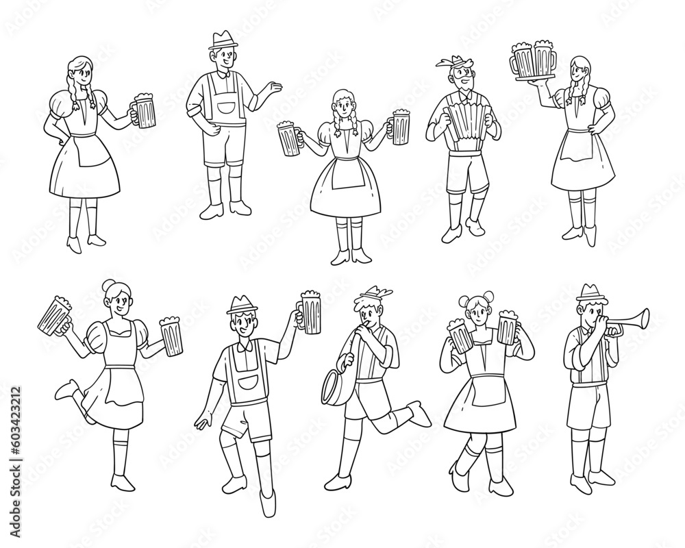 Set of People celebrating Oktoberfest hand-drawn outline sketch illustration Set of People celebrating Oktoberfest hand-drawn outline sketch illustration