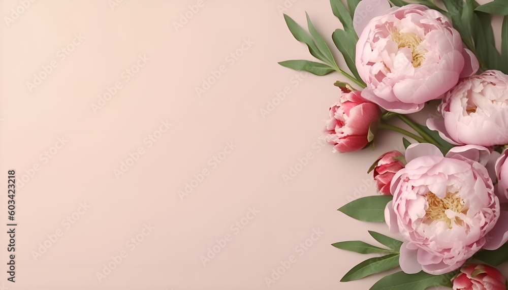 Top view of pink peony flowers and buds on the beige background. Copy space. Generative AI.