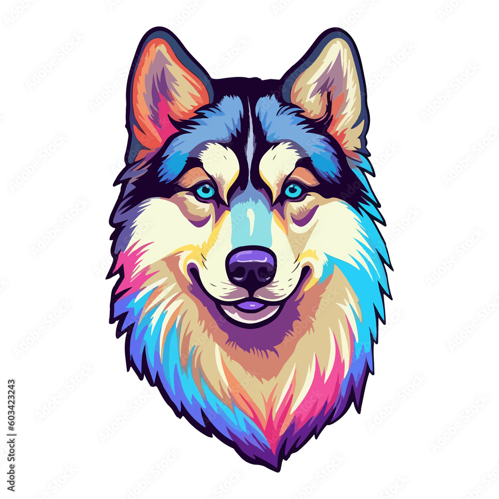 Colorful Siberian Husky Dog, Siberian Husky Portrait, Dog Sticker Clip art, Dog Lover design