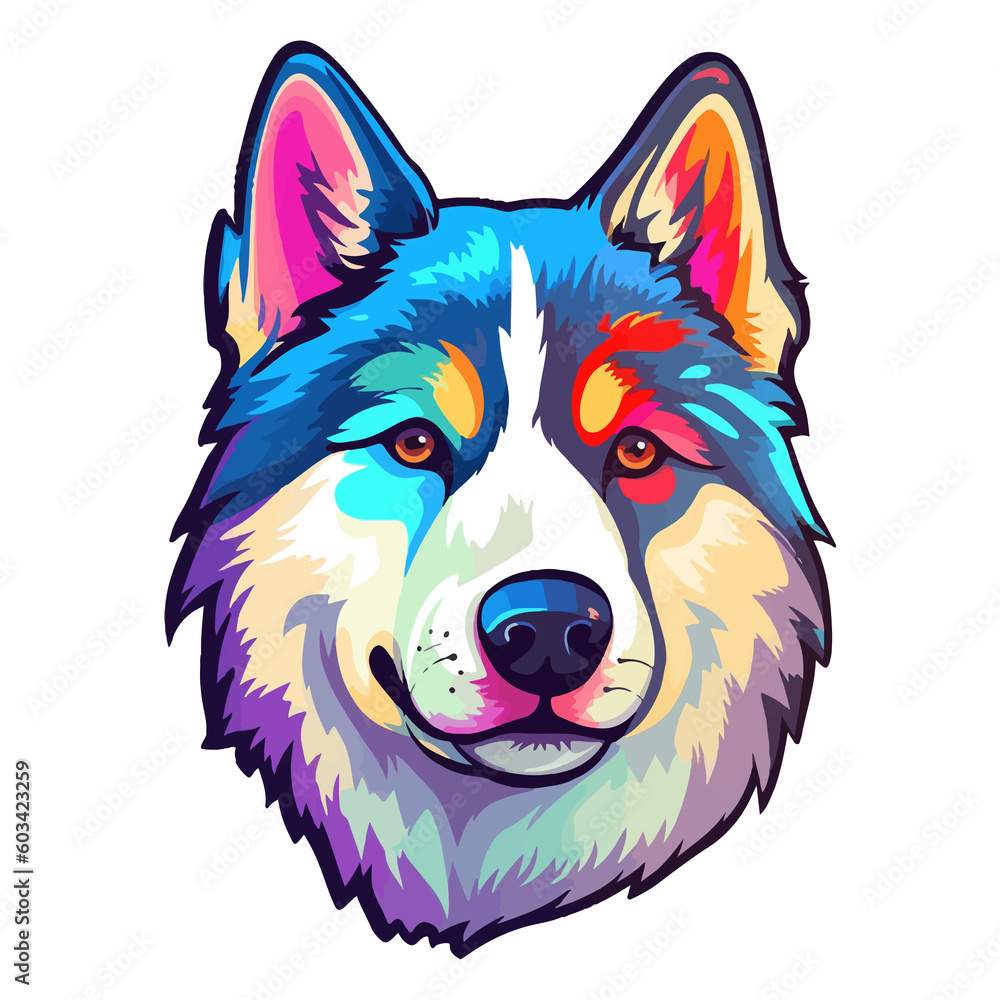 Naklejka premium Colorful Siberian Husky Dog, Siberian Husky Portrait, Dog Sticker Clip art, Dog Lover design