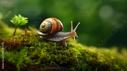 Snail on Wet Moss - Macro Photography, Generative AI Technology