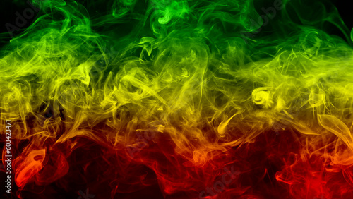 abstract background smoke curves and wave reggae colors green, yellow, red colored in flag of reggae music