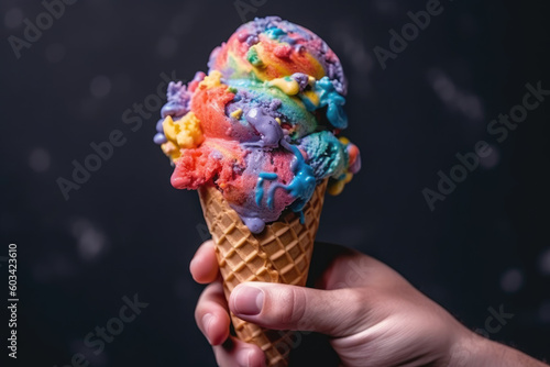 Sweet Delight: Hand Holding Colorful Ice Cream Treat - Generative AI