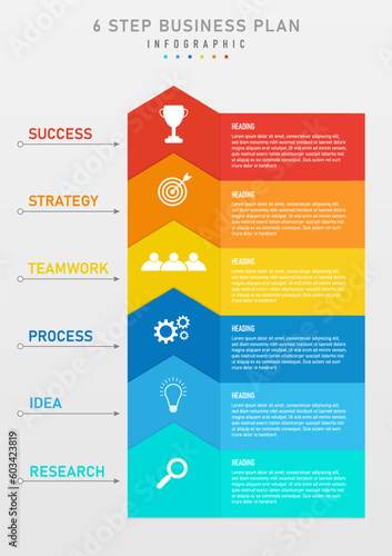 vertical infographic template 6 steps in business planning for success Multi colored square icons and white letters. circle with left arrow on a clean gray gradient background