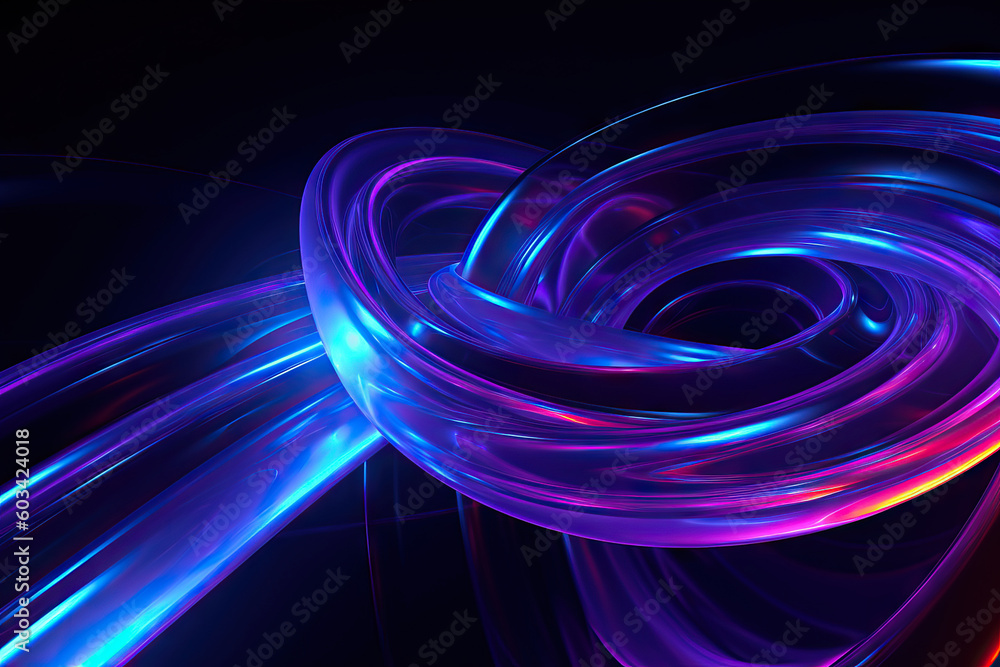 Generative AI illustration of abstract glowing shiny spiral shaped knot with bright neon lines in darkness Generative AI illustration of abstract glowing shiny spiral shaped knot with bright neon lines in darkness