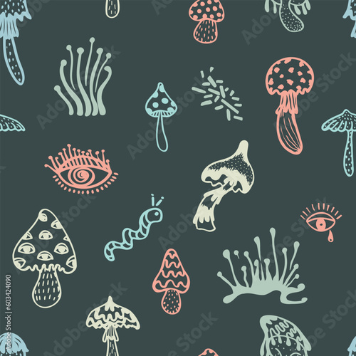 Seamless pattern of groove mushroom elements Psychedelic symbols on chalkboard background. Retro design of hipster icons. Doodle style graphic. Vintage trippy 60 70 80 90 trendy vector illustration