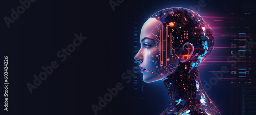 Artificial intelligence and humanoid head with neural network, quantum computing, advanced robotics, and brain-computer interfaces. Technology background concept. (Generative AI)