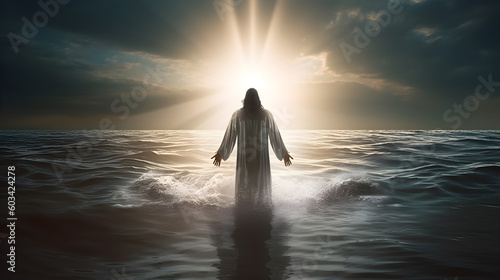 Jesus walking over water receiving blessings from god