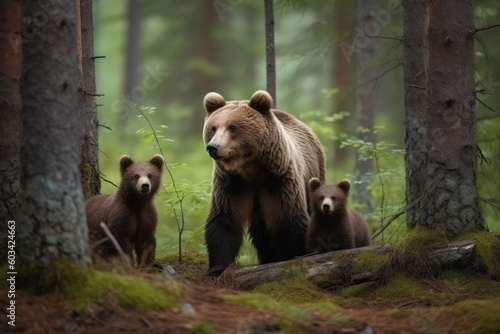 Touching Bear Family  Mother and Cubs Bonding in the Forest. Generative AI