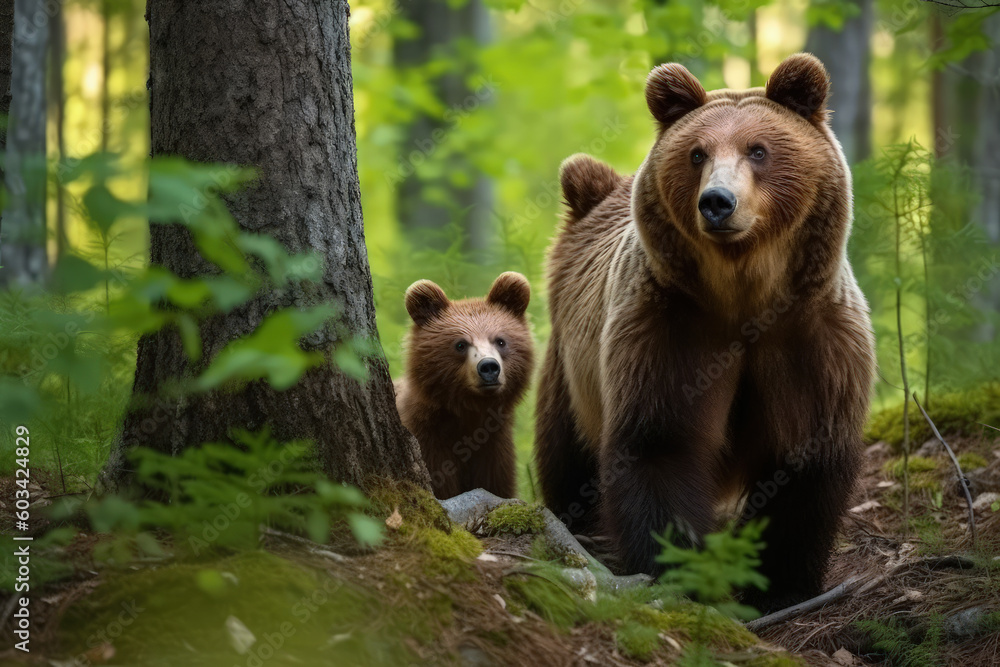 Fototapeta premium Touching Bear Family: Mother and Cubs Bonding in the Forest. Generative AI