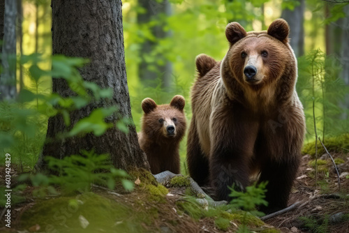 Touching Bear Family: Mother and Cubs Bonding in the Forest. Generative AI