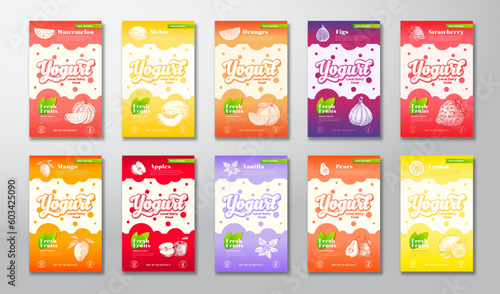 Fruits and Berries Yogurt Label Templates Set. Abstract Vector Dairy Packaging Design Layouts Collection. Modern Banner with Hand Drawn Fruit Illustrations Backgrounds Bundle Isolated