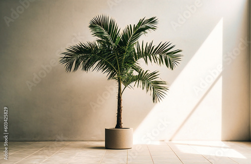 a palm tree is sitting next to a white wall