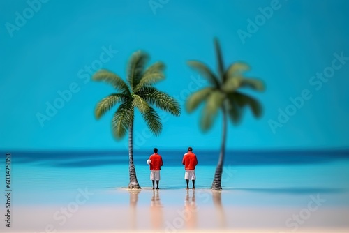 Beach diorama-style with plastic toys, palm trees on a tropical island, sky and water for a summer and vacation feeling, relaxation and happiness. Generative AI.