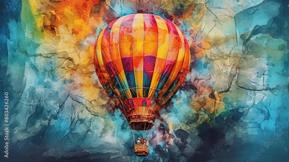 a painting of a hot air balloon flying through the sky with a rainbow ...