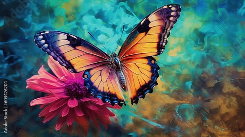  a painting of a butterfly flying over a pink flower on a blue background with a green and yellow background and a pink flower in the foreground.  generative ai © Nadia