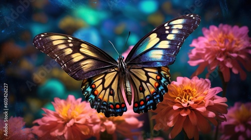  a butterfly sitting on top of a pink flower next to a blue sky and pink and yellow flowers in the foreground, with a blue sky in the background.  generative ai © Nadia