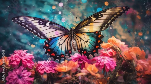  a butterfly sitting on top of a bunch of pink and orange flowers in front of a blue sky with light spots on it's wings. generative ai