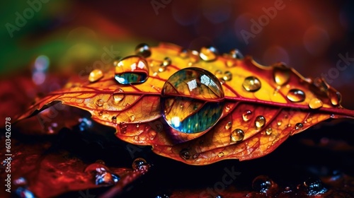  a close up of a leaf with drops of water on it's leaves and a multicolored background of leaves and water droplets.  generative ai