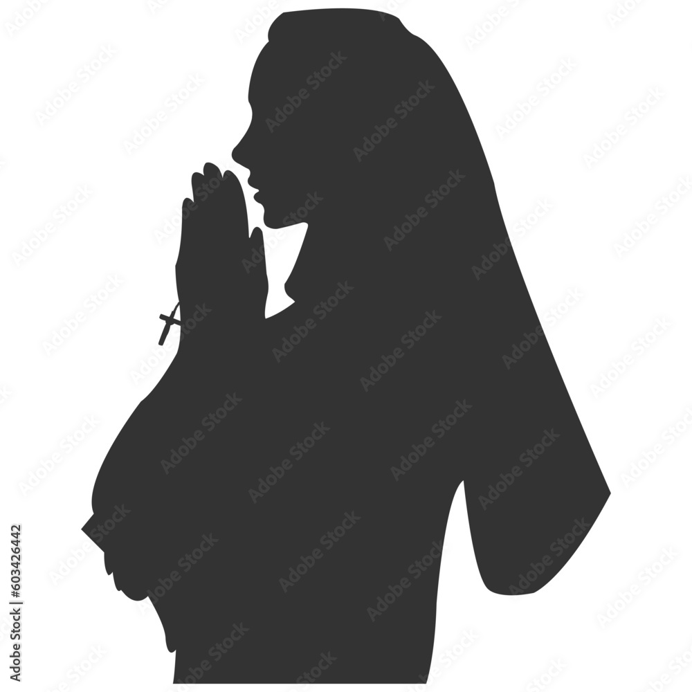 Praying nun. Vector silhouettes of christian religious people, Vector silhouette of praying nun on white background. - obrazy, fototapety, plakaty 