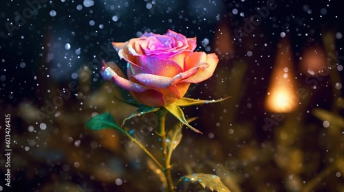  a pink rose with water droplets on it's petals in the dark, with a blurry background of lights and raindrops. generative ai © Nadia