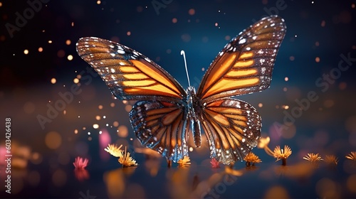  a large butterfly with a lot of light on it's wings flying through the air over a field of flowers and grass with a blurry background of lights.  generative ai © Nadia