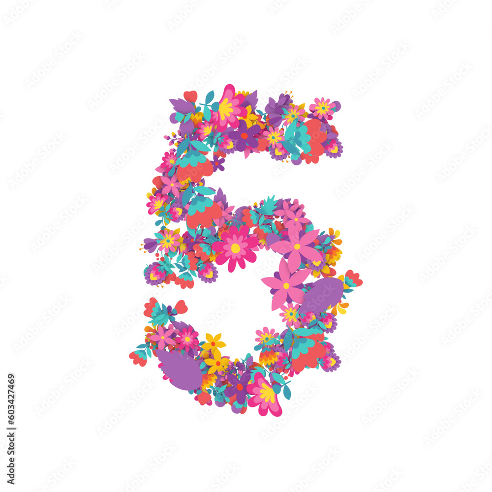 set of numbers made of flowers, creative alphabet, 3d illustration, five