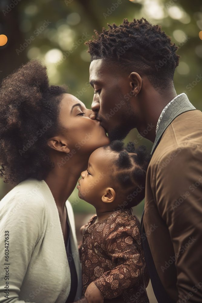 African American couple kissing each other with their first child in the middle. Outdoors background. Generative AI vertical shot