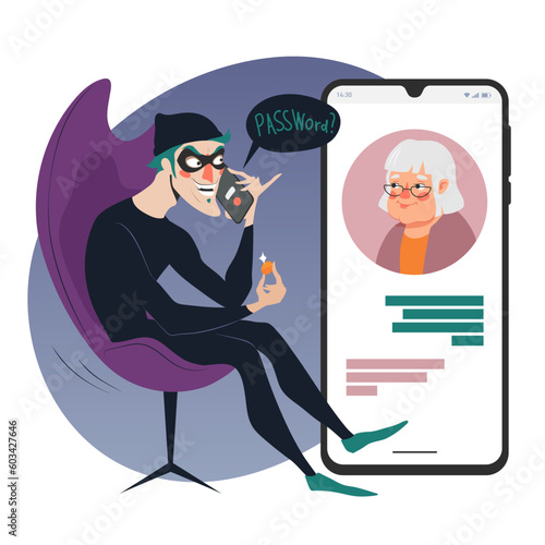 Phone scam crime concept illustration, online social media fraud. A scammer calls an eldery woman to steal personal data and passwords. Vector flat illustration isolated on white background