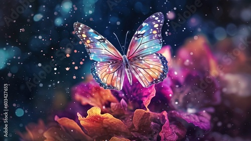  a butterfly flying over a flower with water droplets on it's wings and a black background with blue and pink colors and a black background. generative ai