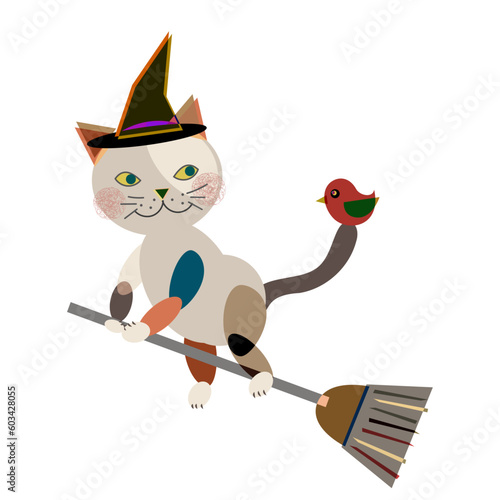 calico cat and little red bird, pretend playing as witch  