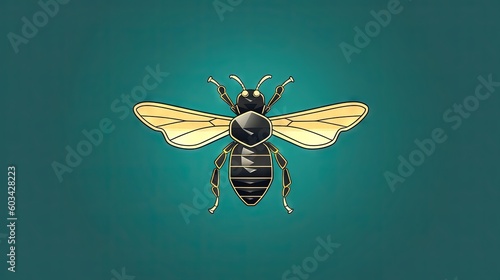  a yellow and black bee sitting on a green background with a black spot in the middle of the image and a black spot in the middle of the image.  generative ai © Nadia