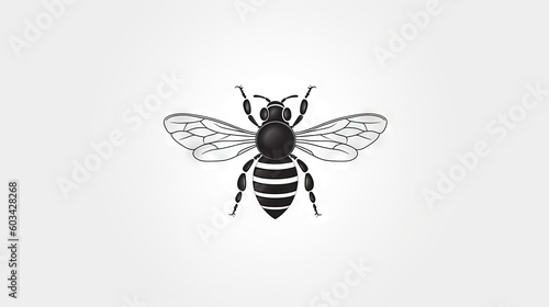  a black and white bee on a white background with a shadow of a bee on the back of the bee's body and wings.  generative ai © Nadia