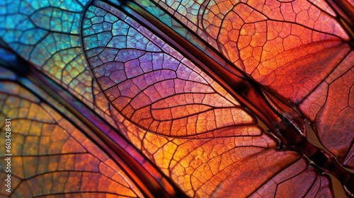  a close up view of a colorful butterfly wing with a blue, red, yellow, and green pattern on it's wing ends.  generative ai © Nadia