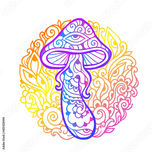 Psychedelic Magic Mushrooms. Vector illustration. Zen art. Decorative mushrooms, hippie, hallucination psilocybin 60s 70s