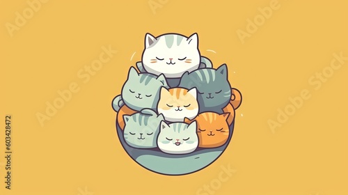  a group of cats sitting on top of each other on a yellow background with the caption's caption's name below.  generative ai