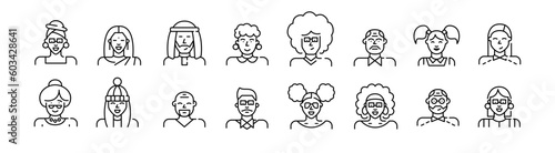 People of different ages, cultures, with different hairstyle and clothes icons. Pixel perfect, editable stroke icons set