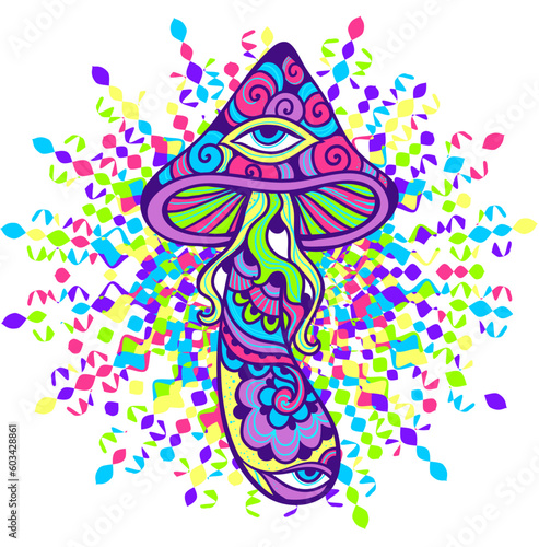 Psychedelic Magic Mushrooms. Vector illustration. Zen art. Decorative mushrooms, hippie, hallucination psilocybin 60s 70s