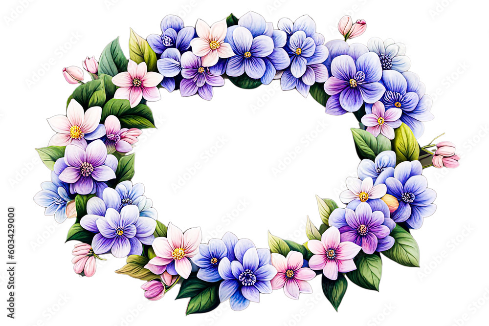 Watercolor floral wreath of purple flowers, purple lilac branches and foliage. Botanical illustration in vintage style. Wedding decorations isolated on white background.